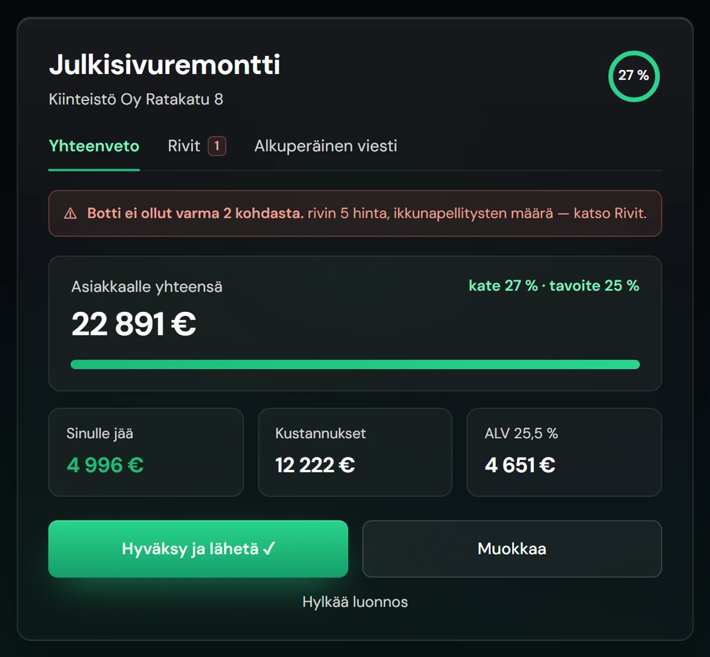 Kubikn tarkistusnäkymä: tarjouksen yhteenveto, botin epävarmuudet korostettuna ja Hyväksy ja lähetä -nappi.